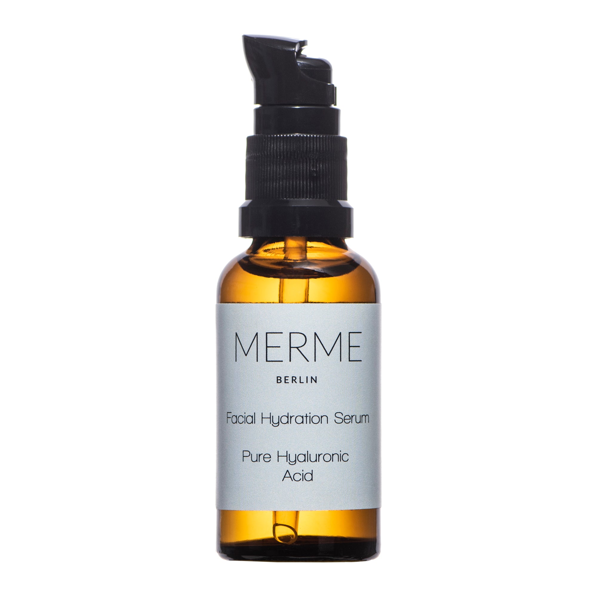 Amber glass bottle with black pump dispenser labeled Merme Berlin Hyaluron Serum by Merme, renowned for intense hydration, shown against a white background.