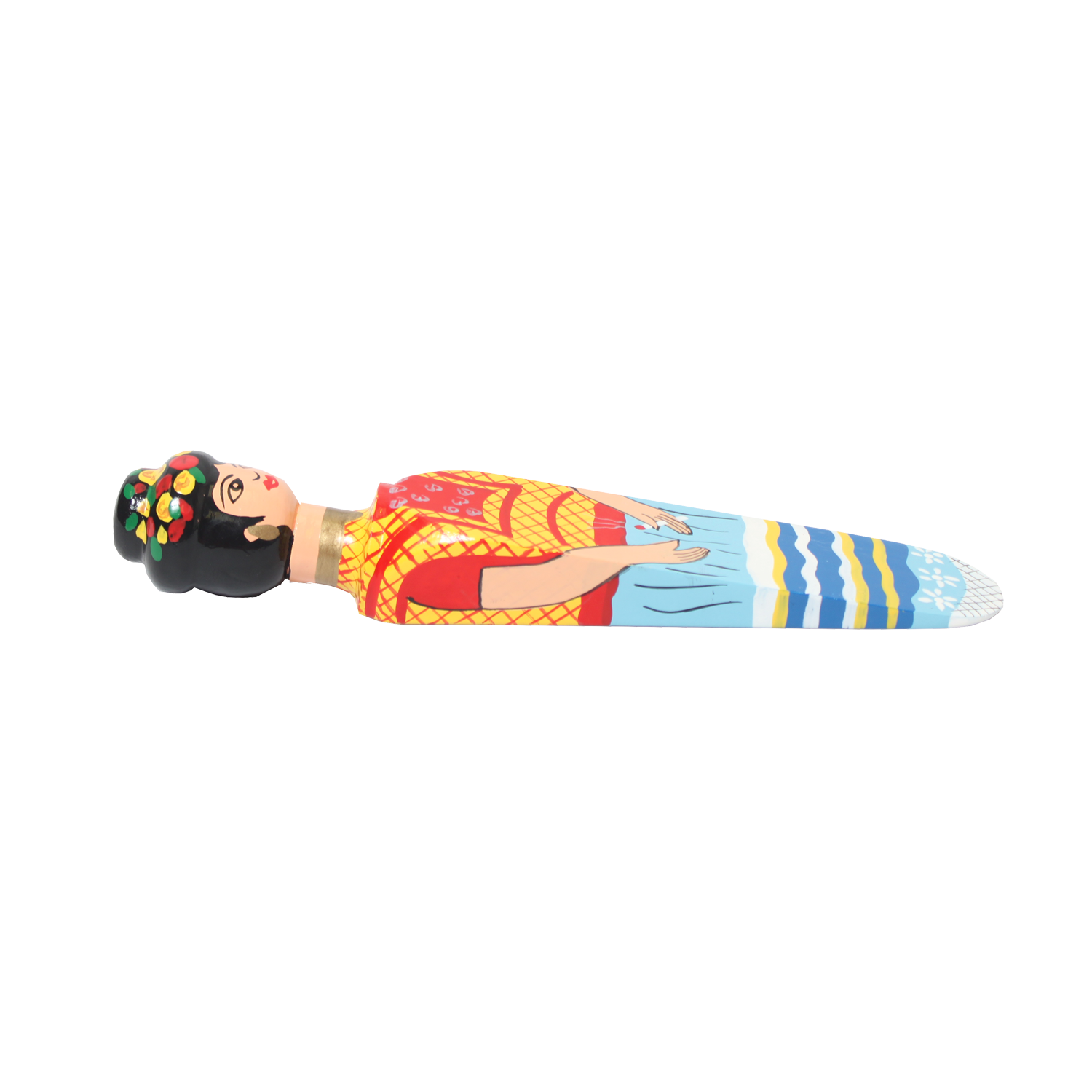 The Wedgie FRIDA Door Stopper by Wedgie, inspired by a woman with black hair, floral accents, a red and yellow top, and a blue skirt with white and yellow patterns, is shown lying flat on a white background.