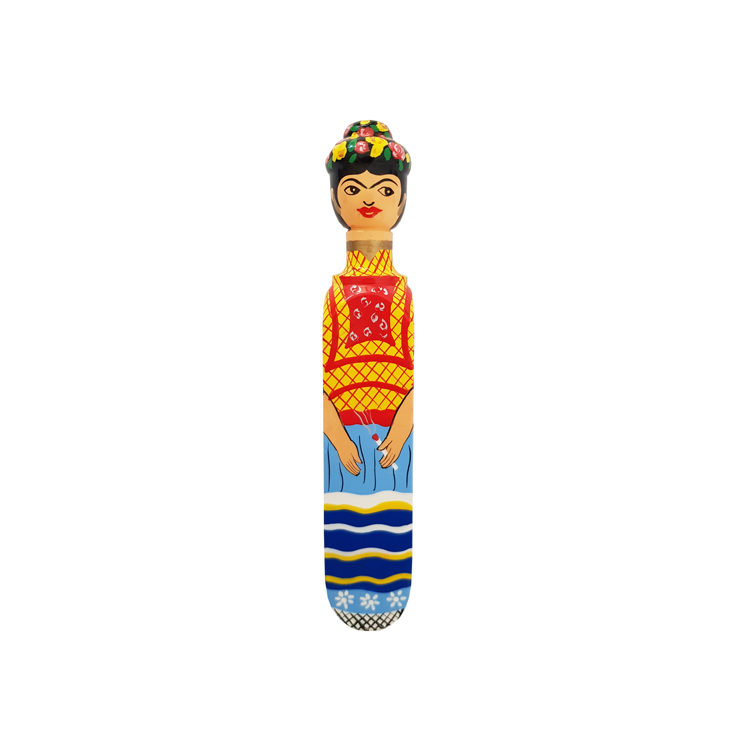 The Wedgie FRIDA Door Stopper by Wedgie is a colorful Alstonia wood piece, hand-painted with durable matte paint, featuring a stylized woman in vibrant attire and bold details on a black background.